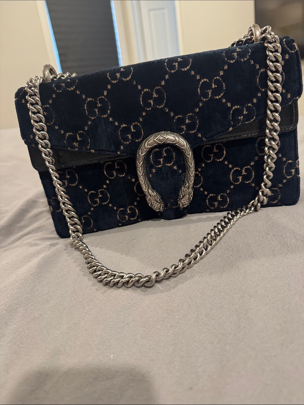 Gucci Blue Velvet Dionysus Shoulder Bag with Silver Hardware